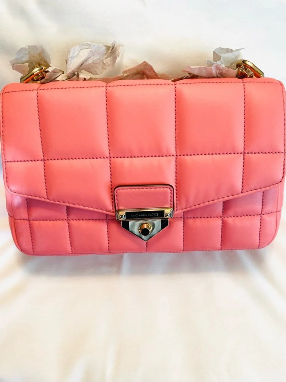 NWT Michael Kors SoHo Large Quilted Flap Shoulder Bag Tea Rose Gold Chain